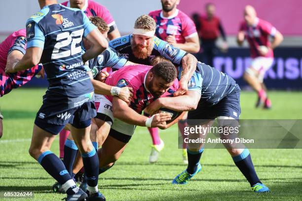 Paul Alo Emile of Stade Francais during the Champions Cup Play-offs match between Stade Francais Paris and Cardiff Blues at Stade Jean Bouin on May...