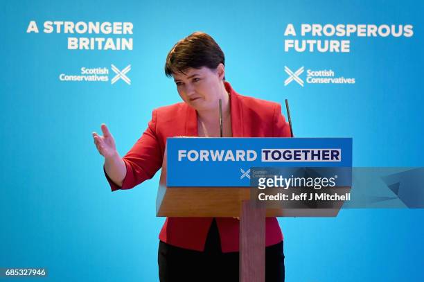Ruth Davidson gives a speech as she launches the Scottish manifesto on May 19, 2017 in Edinburgh, Scotland. The Scottish Conservative manifesto...