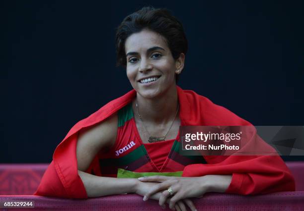 Rababe Arafi of Morocco after her win in Women's 1500m final, during day four of Athletics at Baku 2017 - 4th Islamic Solidarity Games at Baku...