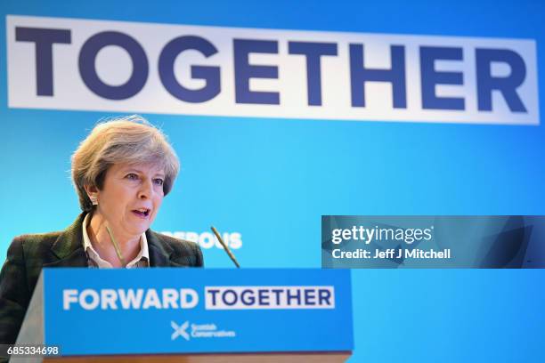 Prime Minister Theresa May gestures as she gives a speech at the launch of the Scottish manifesto on May 19, 2017 in Edinburgh, Scotland. The...