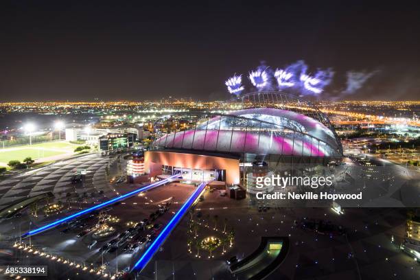 Fireworks spell out 2022 for the Qatar 2022 World Cup at Khalifa International Stadium on May 19, 2017 in Doha, Qatar. Qatar's Supreme Committee for...