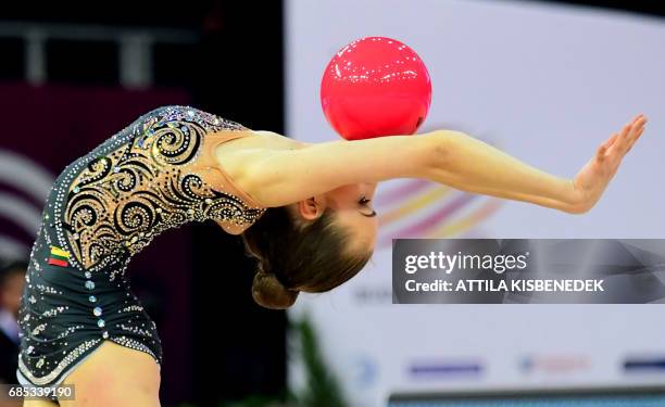 Lithuania's Neringa Masionyte performs during the 33rd Rhythmic Gymnastics European championships in Budapest, Hungary on May 19, 2017 / AFP PHOTO /...