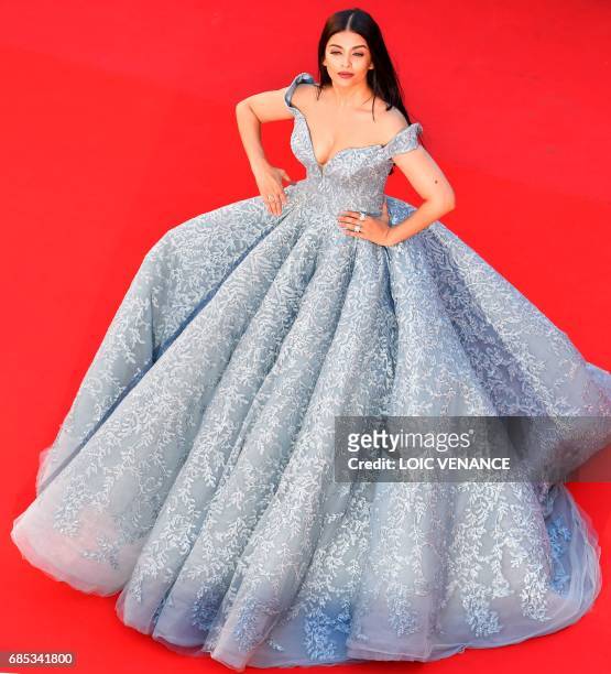 Indian actress Aishwarya Rai Bachchan arrives on May 19, 2017 for the screening of the film 'Okja' at the 70th edition of the Cannes Film Festival in...