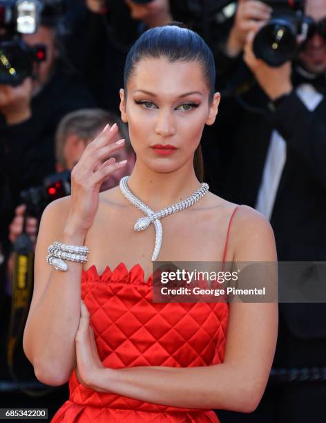 Bella Hadid attends the "Okja" screening during the 70th annual Cannes Film Festival at Palais des Festivals on May 19, 2017 in Cannes, France.