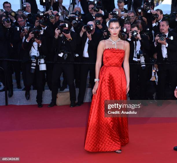 Model Bella Hadid arrives for the screening of the film 'Okja' in competition at the 70th annual Cannes Film Festival in Cannes, France on May 19,...