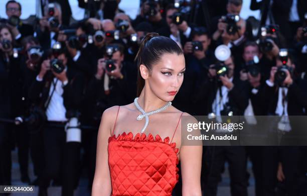 Model Bella Hadid arrives for the screening of the film 'Okja' in competition at the 70th annual Cannes Film Festival in Cannes, France on May 19,...