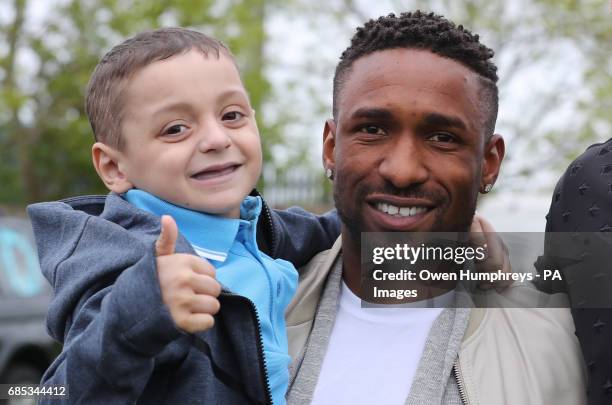 England footballer Jermain Defoe with terminally ill football mascot Bradley Lowery, as he celebrates his sixth birthday at Blackhall Cricket Club...