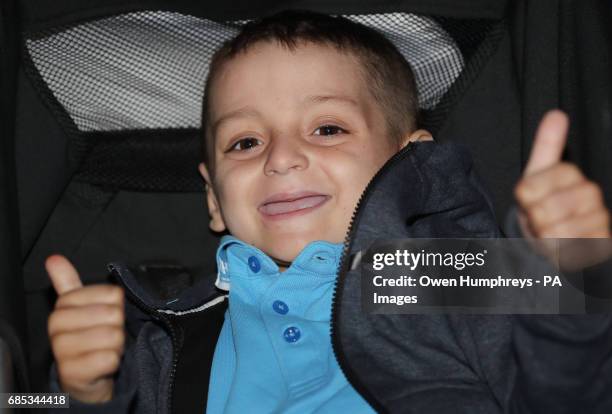 Terminally ill football mascot Bradley Lowery celebrates his sixth birthday at Blackhall Cricket Club near Durham.