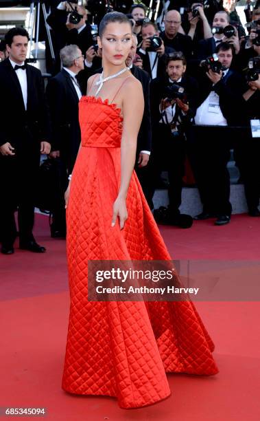 Bella Hadid attends the "Okja" screening during the 70th annual Cannes Film Festival at Palais des Festivals on May 19, 2017 in Cannes, France.