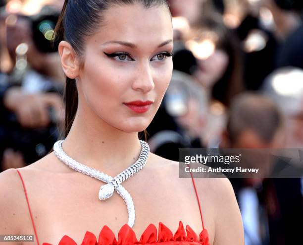 Bella Hadid attends the "Okja" screening during the 70th annual Cannes Film Festival at Palais des Festivals on May 19, 2017 in Cannes, France.
