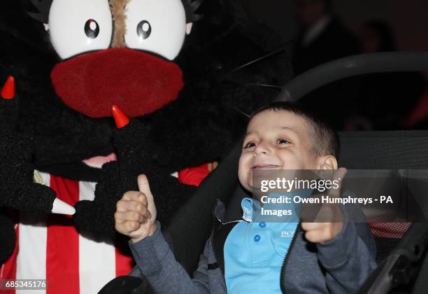 Terminally ill football mascot Bradley Lowery celebrates his sixth birthday at Blackhall Cricket Club near Durham.