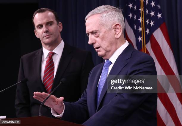 Secretary of Defense Jim Mattis and Special Presidential Envoy for the Global Coalition to Counter ISIS Brett McGurk answer questions during a...