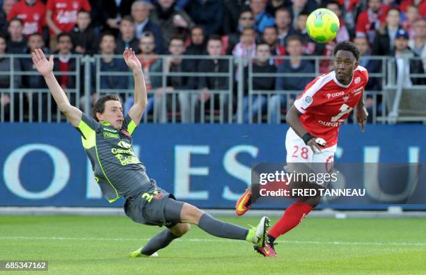 Brest's French midfielder Steven Joseph-Monrose vies with Gazelec-Ajaccio's French midifelder Thibault Campanini during the French Ligue 2 football...