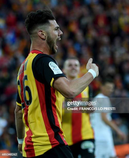 Lens Christian Lopez Santamaria celebrates after scoring a goal during the French L2 football match between Lens and Niort on May 19, 2017 at the...
