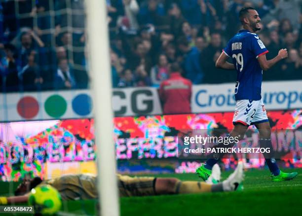 Strasbourg's French forward Khalid Boutaib celebrates after scoring a goal during the French L2 football match between Strasbourg and Bourg-en-Bresse...