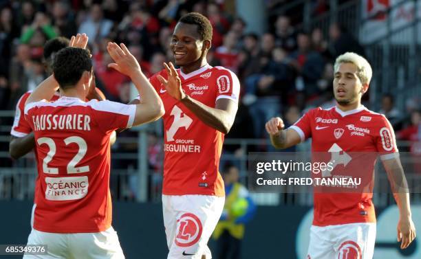Brest's French forward Mouhamadou Habidou Diallo jubilates after scoring during the French Ligue 2 football match Brest against GFC Ajaccio on May...