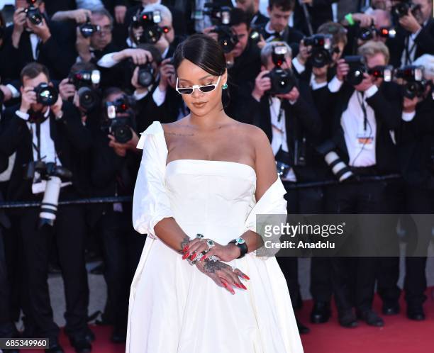 Barbadian singer Rihanna arrives for the screening of the film 'Okja' in competition at the 70th annual Cannes Film Festival in Cannes, France on May...