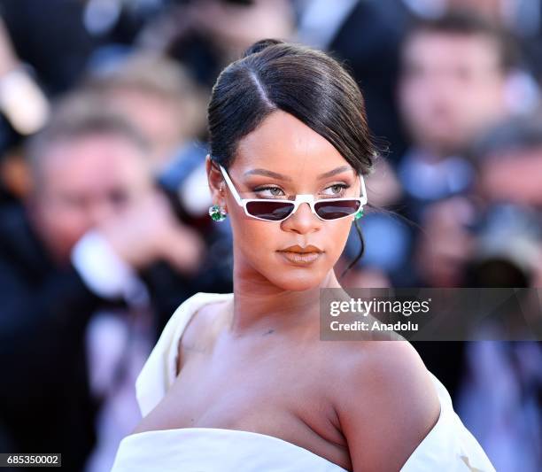 Barbadian singer Rihanna arrives for the screening of the film 'Okja' in competition at the 70th annual Cannes Film Festival in Cannes, France on May...