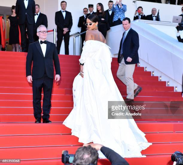 Barbadian singer Rihanna arrives for the screening of the film 'Okja' in competition at the 70th annual Cannes Film Festival in Cannes, France on May...