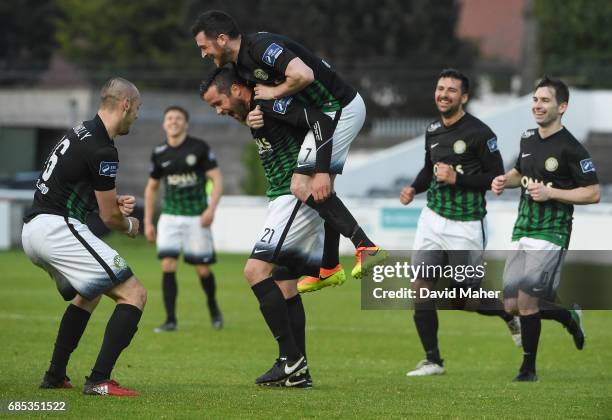 Bray , Ireland - 19 May 2017; Tim Clancy, second from left, of Bray Wanderers celebrates after scoring his side's first goal with teammates, from...