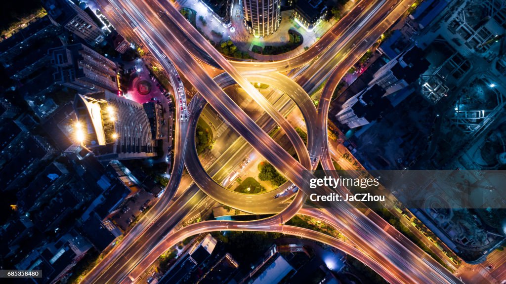 Aerial view of overpass at night