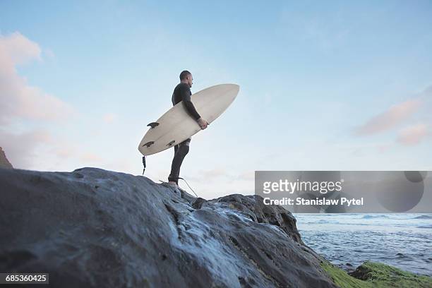 surfer standing on rock - prancha de surf imagens e fotografias de stock