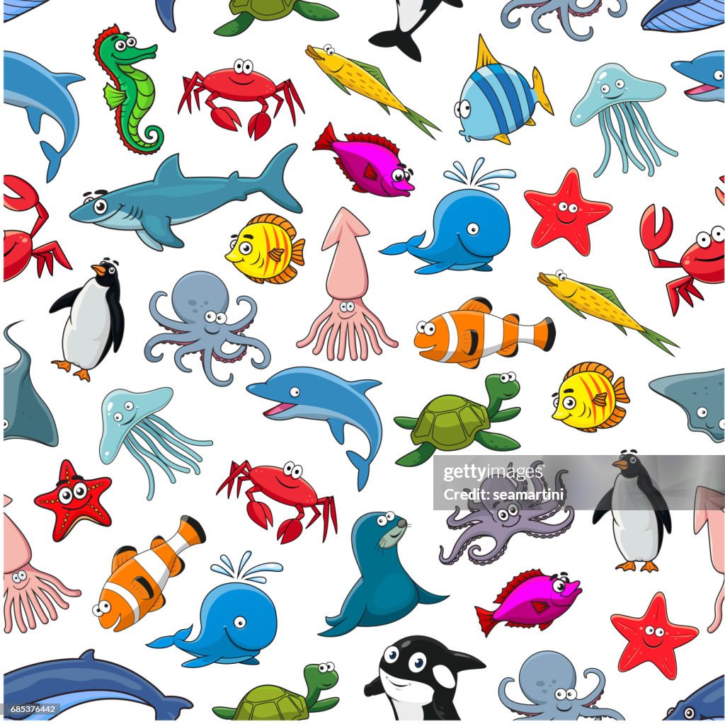 Patrón De Dibujos Animados De Peces Marinos Y Animales Del Océano  Ilustración de stock - Getty Images