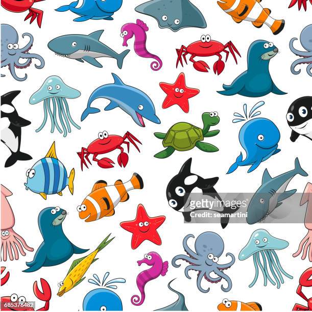 Patrón De Dibujos Animados Vectoriales De Peces Marinos Y Animales Marinos  Ilustración de stock - Getty Images