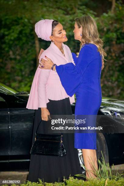 Queen Maxima of The Netherlands and Sheikha Moza bint Nasser of Qatar attend the Seminar On Protection & Education In Conflict Zones at the The Hague...