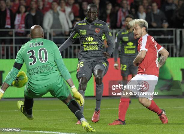 Brest's Italian-Argentian midfielder Cristian Battochio scores during the French Ligue 2 football match Brest against GFC Ajaccio on May 19, 2017 at...