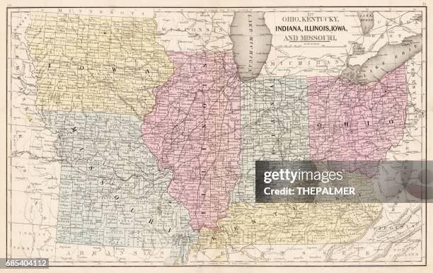 stockillustraties, clipart, cartoons en iconen met ohio indiana illinois kaart 1867 - indiana v illinois