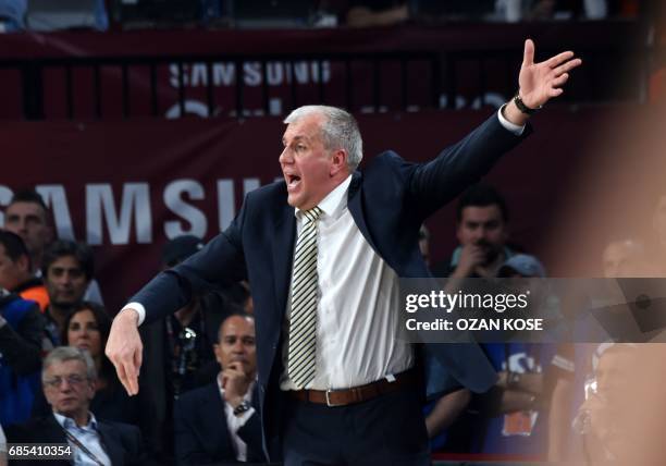 Fenerbahce head coach Zeljko Obradovic gestures during the semi-final basketball match between Olympiacos Piraeus and CSKA Moscow at the Euroleague...