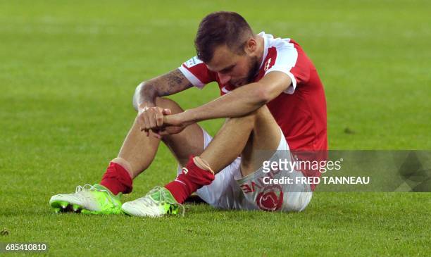 Brest's French midfielder Johan Gastien reacts after the French Ligue 2 football match Brest against GFC Ajaccio on May 19, 2017 at the Francis Le...