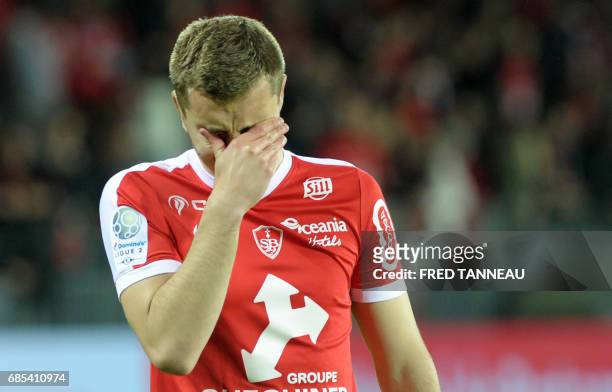 Brest's French defender Brendan Chardonnet reacts after the French Ligue 2 football match Brest against GFC Ajaccio on May 19, 2017 at the Francis Le...