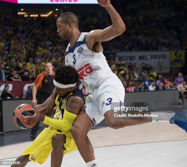 Bobby Dixon, #35 of Fenerbahce Istanbul competes with Anthony Randolph, #3 of Real Madrid during the Turkish Airlines EuroLeague Final Four Semifinal...