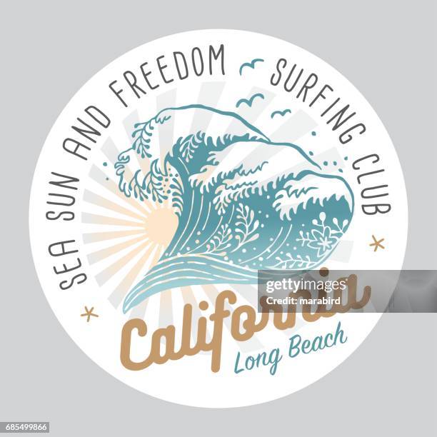 california surfing club colored label on white background - los angeles beach stock illustrations