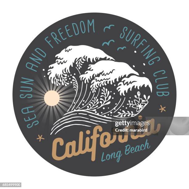 illustrazioni stock, clip art, cartoni animati e icone di tendenza di etichetta colorata california surfing club su sfondo scuro - surfing stock illustrations