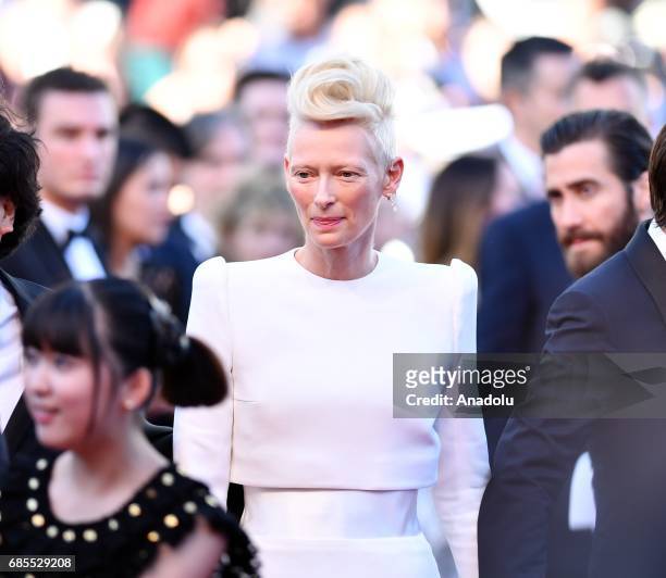 British actress Tilda Swinton arrives for the screening of the film 'Okja' in competition at the 70th annual Cannes Film Festival in Cannes, France...