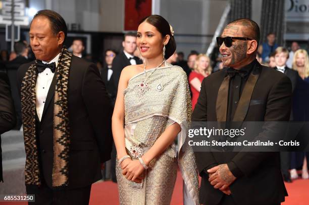 Actors Vithaya Pansringarm, Pornchanok Mabklang and Panya Yimumphai attend the "A Prayer Before Dawn" screening during the 70th annual Cannes Film...