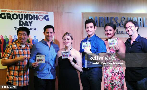 Actors Raymond J. Lee, Andrew Hall, Rebecca Faulkenberry, Andy Karl, Barrett Doss and playwright Danny Rubin attend 'Groundhog Day The Musical'...