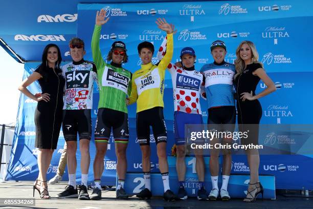 From left Tao Geoghegan-Hart of Great Britain riding for Team Sky in the TAG Heuer Best Young Rider jersey, Peter Sagan of Slovakia riding for...