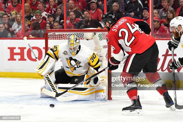 Viktor Stalberg of the Ottawa Senators takes a shot on Matt Murray of the Pittsburgh Penguins during th first period in Game Four of the Eastern...