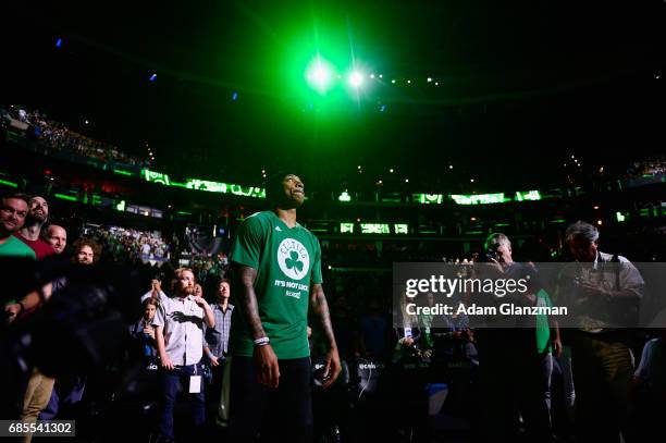 Isaiah Thomas of the Boston Celtics looks on prior to Game Two of the 2017 NBA Eastern Conference Finals against the Cleveland Cavaliers at TD Garden...