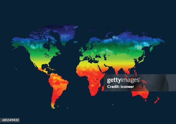 stockillustraties, clipart, cartoons en iconen met wereldkaart multikleur op blauwe achtergrond - warmte