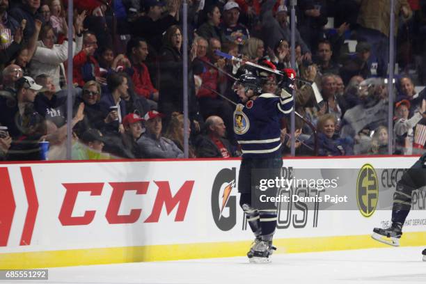 Forward Jeremy Bracco of the Windsor Spitfires celebrates his second period goal against the Saint John Sea Dogs on May 19, 2017 during Game 1 of the...