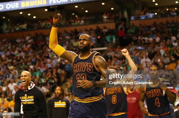 LeBron James of the Cleveland Cavaliers reacts in the first half against the Boston Celtics during Game Two of the 2017 NBA Eastern Conference Finals...