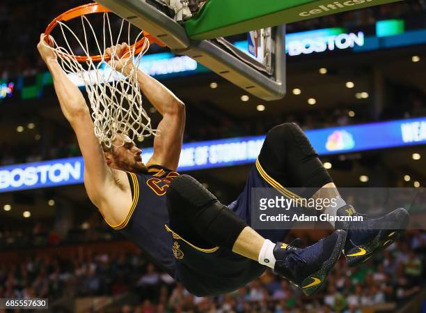 Kevin Love of the Cleveland Cavaliers dunks the ball in the first half against the Boston Celtics during Game Two of the 2017 NBA Eastern Conference...