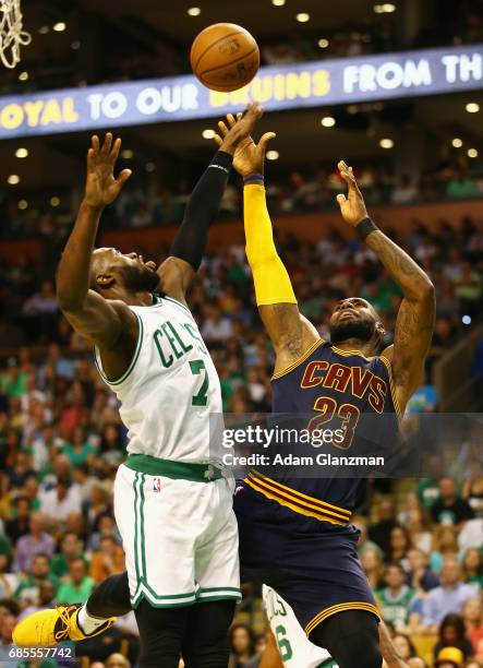 LeBron James of the Cleveland Cavaliers shoots the ball against Jaylen Brown of the Boston Celtics in the first half during Game Two of the 2017 NBA...