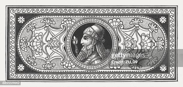 ornament with an assyrian king, wood engraving, published in 1880 - 8th century bc stock illustrations