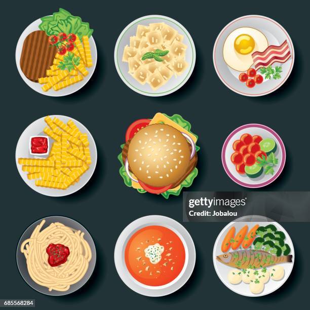 ilustraciones, imágenes clip art, dibujos animados e iconos de stock de arreglo de platos cocidos y salados - hamburguesa alimento